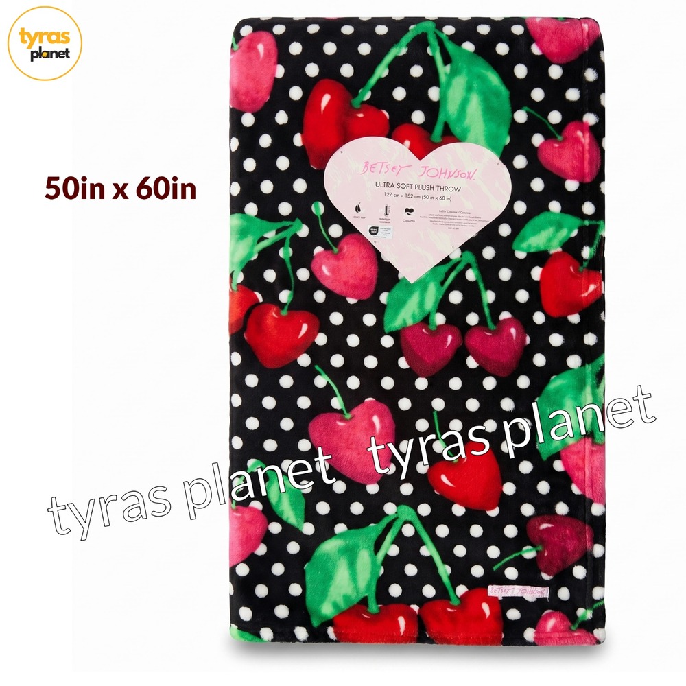 Betsey Johnson Heart Cherry Polka Dot Plush Throw Blanket 50x60 Valentine Black